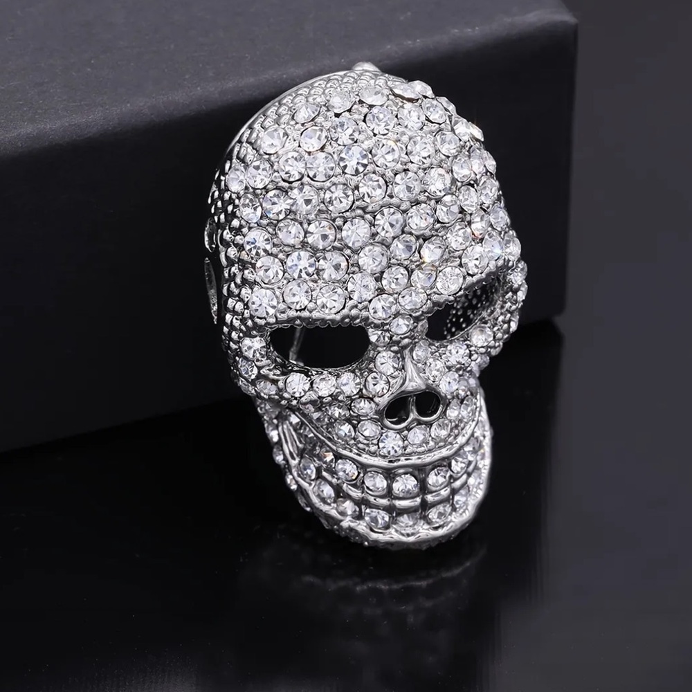 Badass Skull Brooch with Rhinestone, Crystals, Lapel Pin, Pendant for Necklace